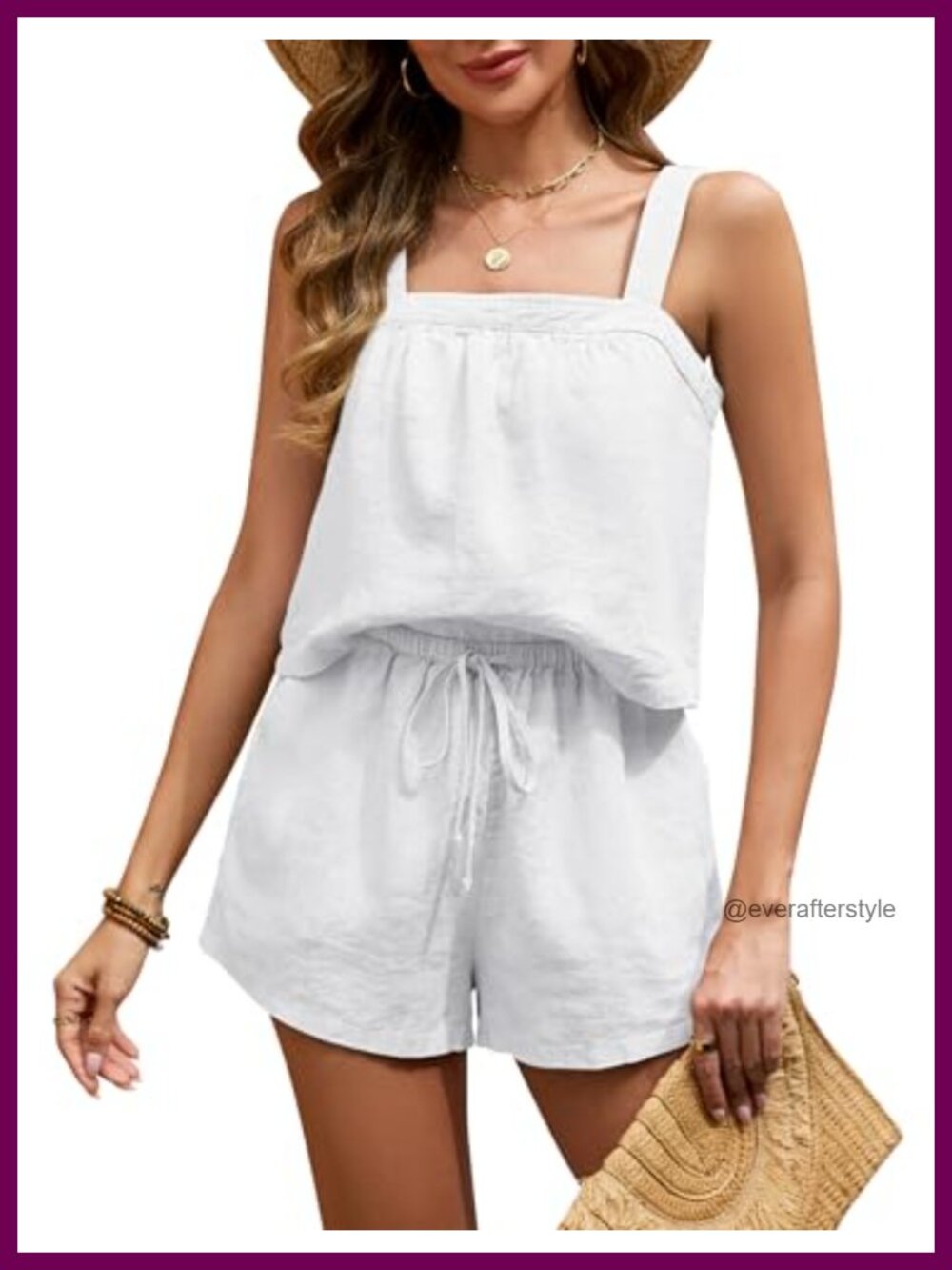 100% Linen Tank Top and Shorts Set Sleeveless Square Neck Drawstring